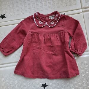 Rabbit+Bear Red Corduroy Blouse with Embroidered Collar